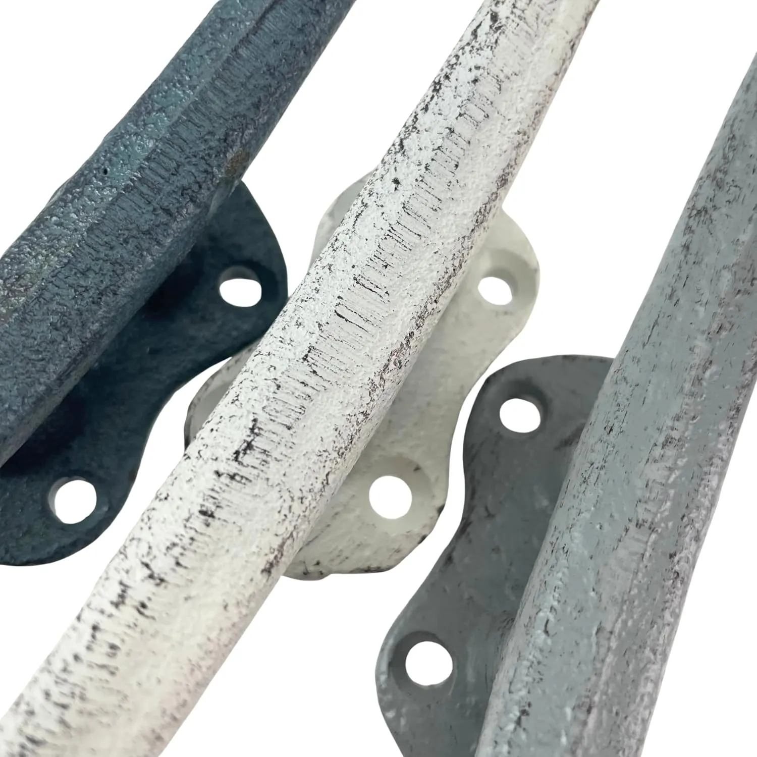 Zeckos Set of 3 Cast Iron Boat Cleat Wall Hooks in Coastal Blue, Gray, and White – 5.5-Inch Decorative Nautical Hooks for Towel, Key, or Coat Hanging
