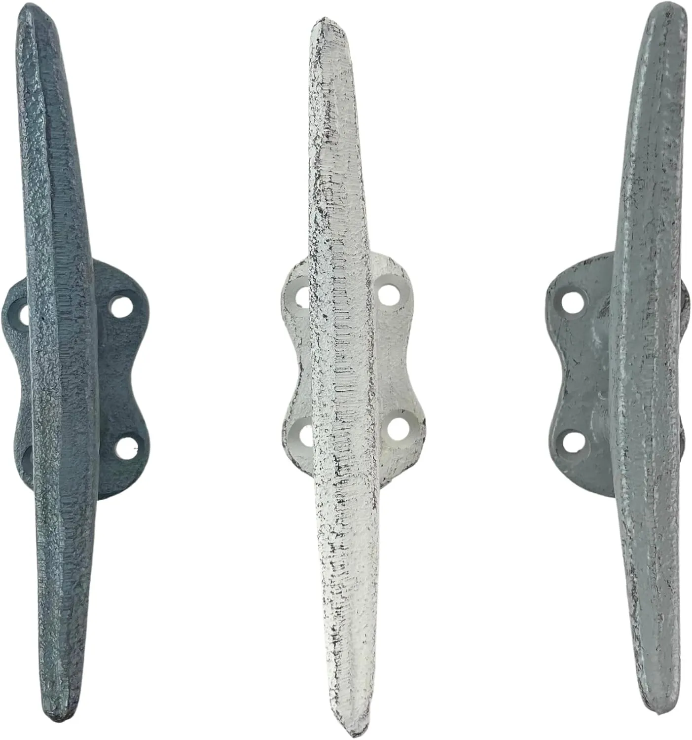 Zeckos Set of 3 Cast Iron Boat Cleat Wall Hooks in Coastal Blue, Gray, and White – 5.5-Inch Decorative Nautical Hooks for Towel, Key, or Coat Hanging