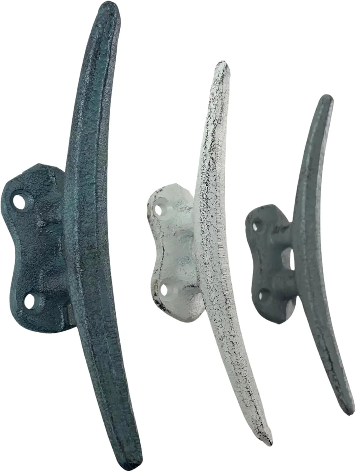 Zeckos Set of 3 Cast Iron Boat Cleat Wall Hooks in Coastal Blue, Gray, and White – 5.5-Inch Decorative Nautical Hooks for Towel, Key, or Coat Hanging