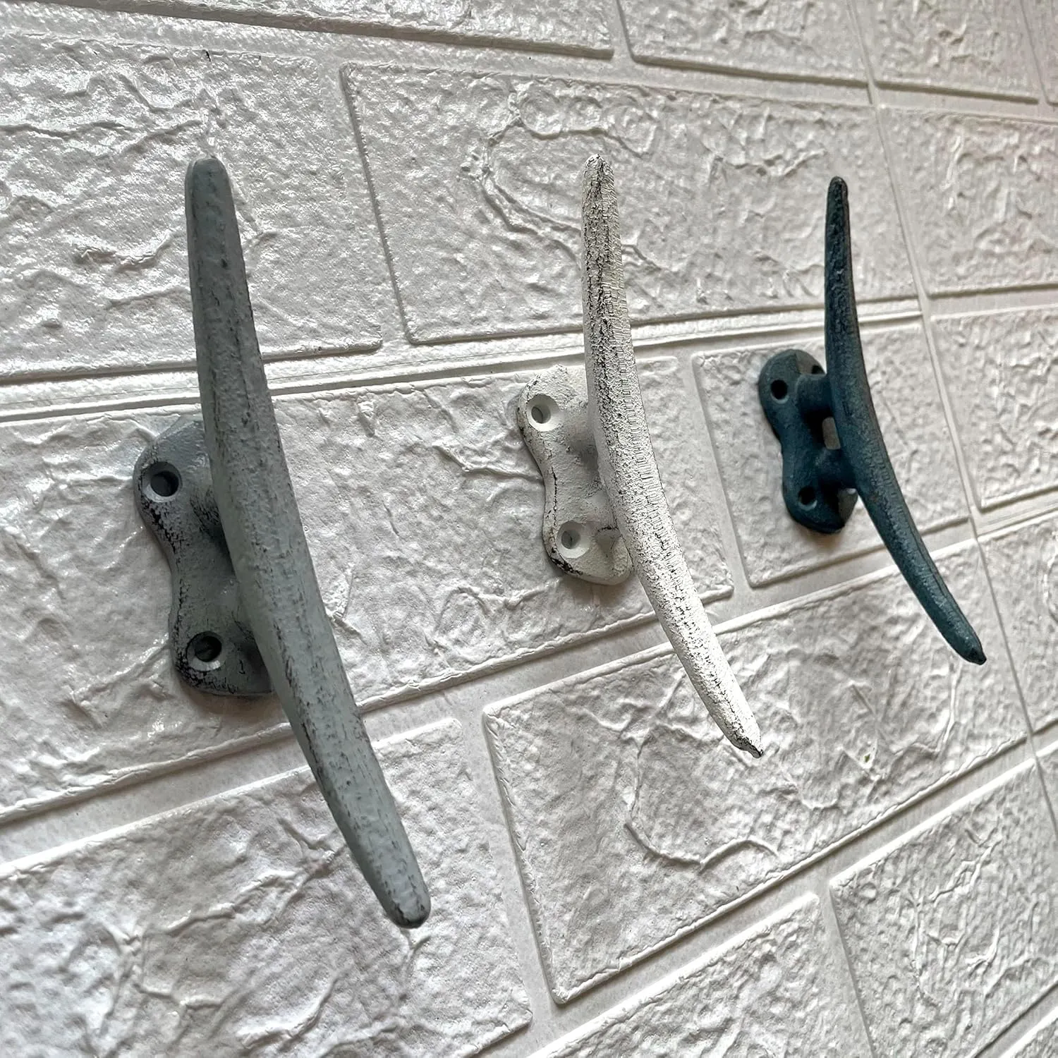 Zeckos Set of 3 Cast Iron Boat Cleat Wall Hooks in Coastal Blue, Gray, and White – 5.5-Inch Decorative Nautical Hooks for Towel, Key, or Coat Hanging