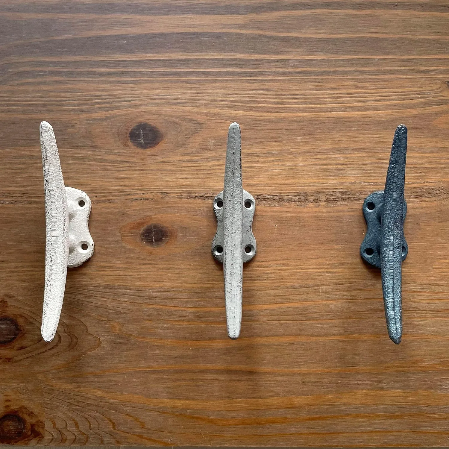 Zeckos Set of 3 Cast Iron Boat Cleat Wall Hooks in Coastal Blue, Gray, and White – 5.5-Inch Decorative Nautical Hooks for Towel, Key, or Coat Hanging