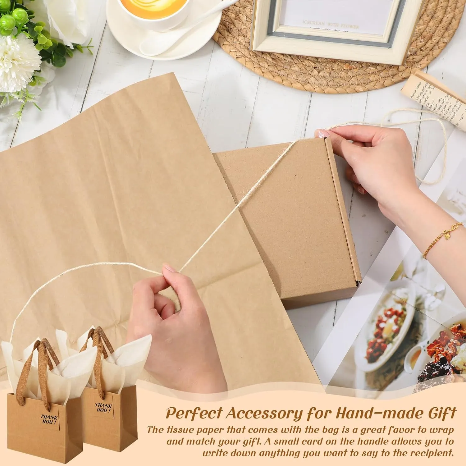 Zhanmai 100 Pcs 4.7 x 2.4 x 3.9 Inch Mini Gift Bags Bulk with Tissue Paper Kraft Paper Bag with Handle Gift Tag for Birthday, Valentine's Day, Wedding Showers (Brown)