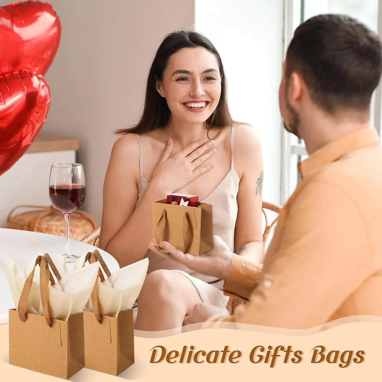 Zhanmai 100 Pcs 4.7 x 2.4 x 3.9 Inch Mini Gift Bags Bulk with Tissue Paper Kraft Paper Bag with Handle Gift Tag for Birthday, Valentine's Day, Wedding Showers (Brown)
