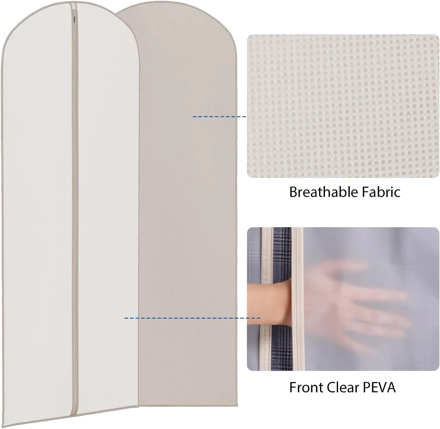 Zilink 65'' Dress Bags for Gowns Long Clear Garment Bags for Hanging Clothes Foldable Dress Covers Garment Bag for Closet Storage and Travel - Beige, 3 Pack