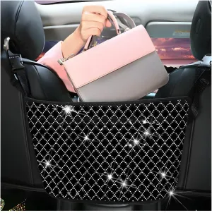 zipelo Bling Car Net Pocket Handbag Holder, Rhinestone Vehicle Backseat Purse Organizer Between Seats, Diamond Hanging Storage Bag Barrier of Pet Kids, Universal Automotive Accessories (White)