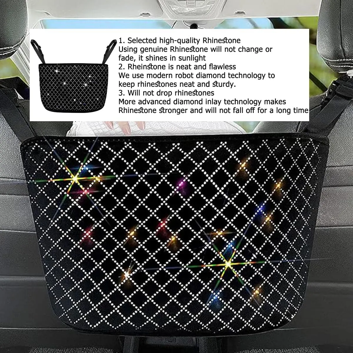 zipelo Bling Car Net Pocket Handbag Holder, Rhinestone Vehicle Backseat Purse Organizer Between Seats, Diamond Hanging Storage Bag Barrier of Pet Kids, Universal Automotive Accessories (White)