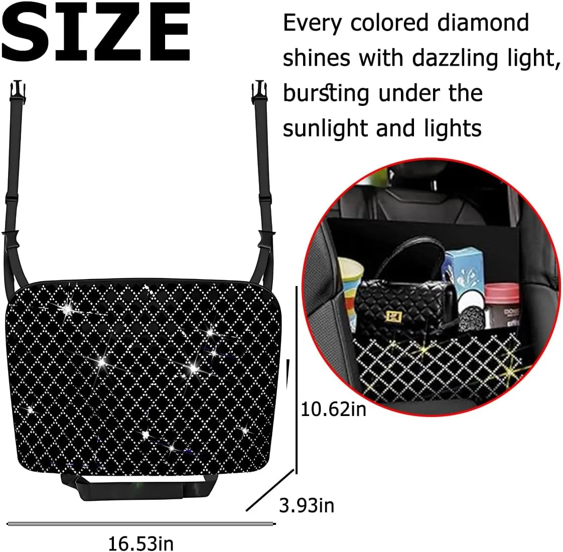 zipelo Bling Car Net Pocket Handbag Holder, Rhinestone Vehicle Backseat Purse Organizer Between Seats, Diamond Hanging Storage Bag Barrier of Pet Kids, Universal Automotive Accessories (White)