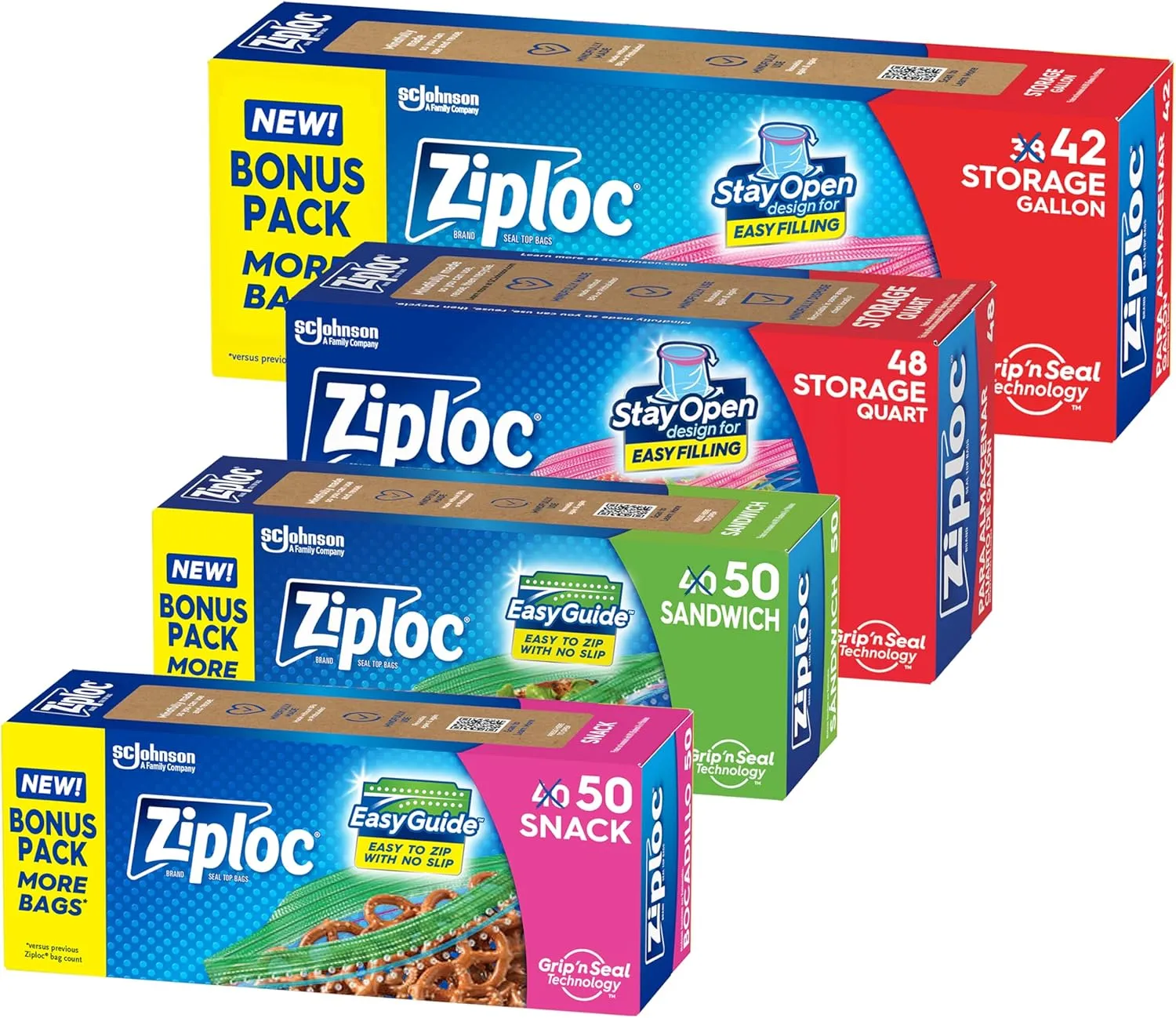 Ziploc Food Storage and Sandwich Bags Variety Pack, Stay Open Design with Stand-Up Bottom, Easy to Fill, 190 Bags Total