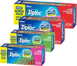 Ziploc Food Storage and Sandwich Bags Variety Pack, Stay Open Design with Stand-Up Bottom, Easy to Fill, 190 Bags Total