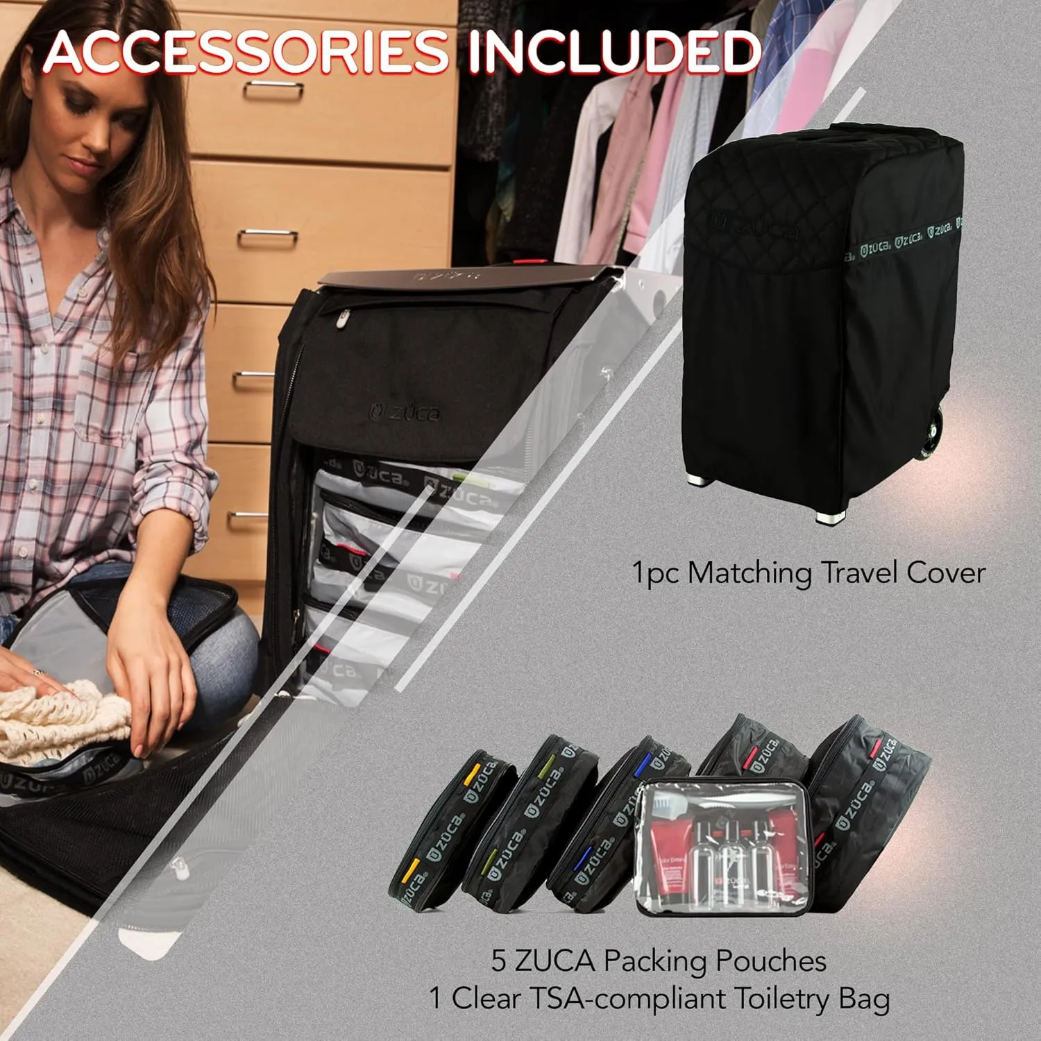 ZUCA Pro Carry On Luggage with Wheels - Black Bag and Black Frame, with 5 Packing Pouches, Travel Cover, and Built-In Seat